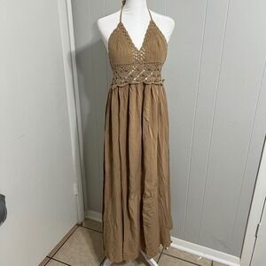 Women's Crochet Halter Maxi Dress Tan Boho Festival Size L